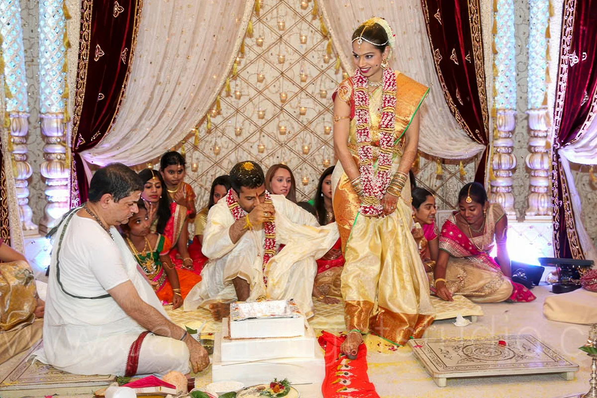 Saptapadi ritual at an Indian Hindu wedding in Houston