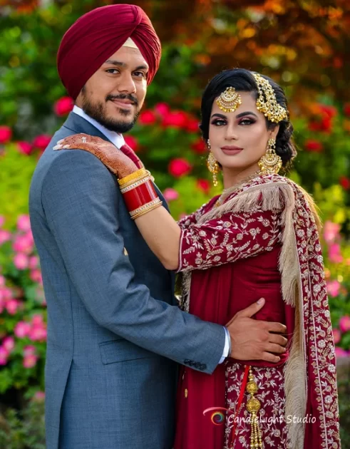 Artful photograph of a Punjabi bride and groom during their wedding.