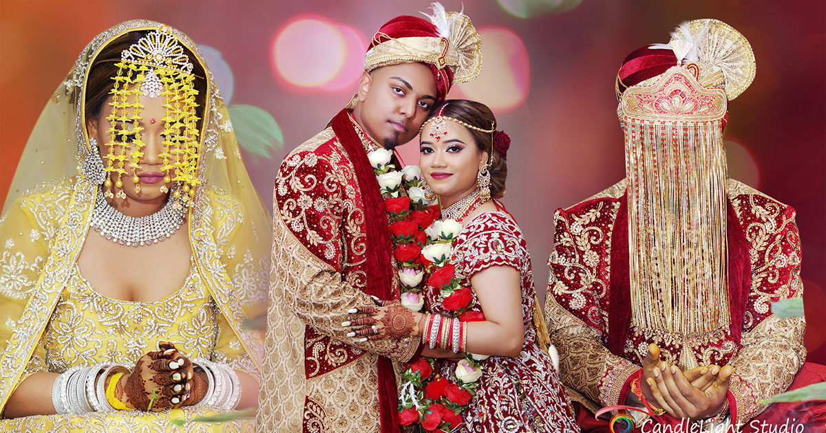 Indian bride and groom in a romantic pose by CandleLight Studio