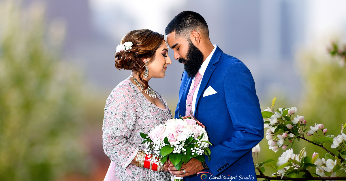 Elegant Indian bride and groom in a professionally staged wedding photo shoot.