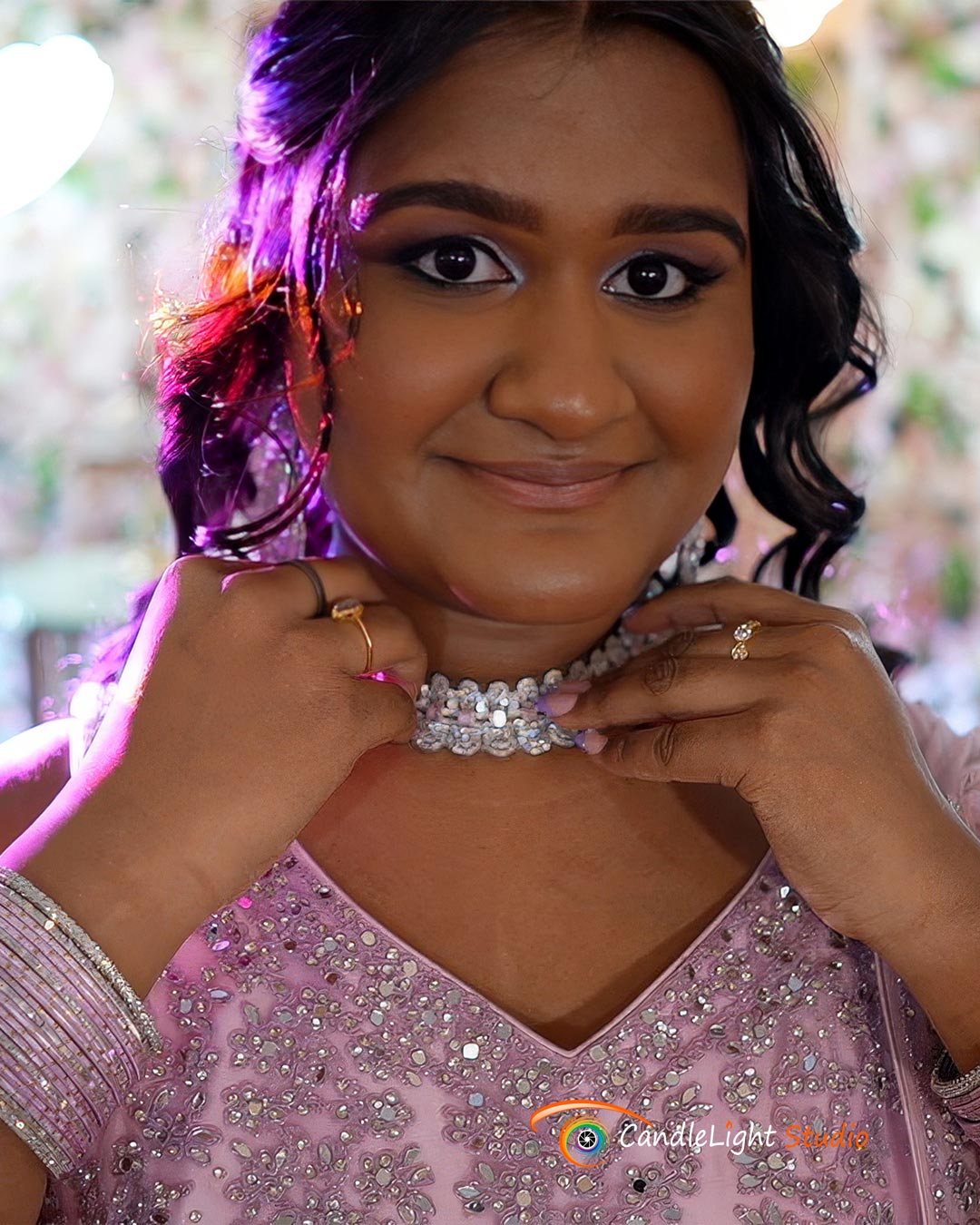 Eshika’s radiant portrait during her Sweet 16 celebration, showcasing her elegant outfit and charming smile, captured by CandleLight Studio.