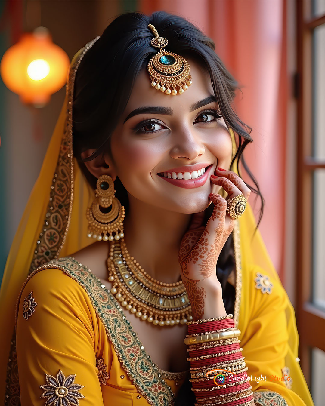 Punjabi bride at Mehndi ceremony with intricate henna designs