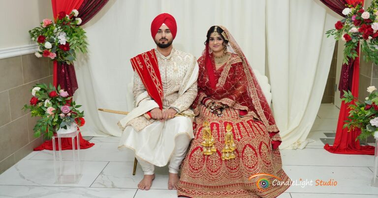 Close-up of Gurjit and Jaspreet during their Anand Karaj ceremony at the Guru Gobind Singh Sikh Center, showcasing vibrant colors and cultural traditions.