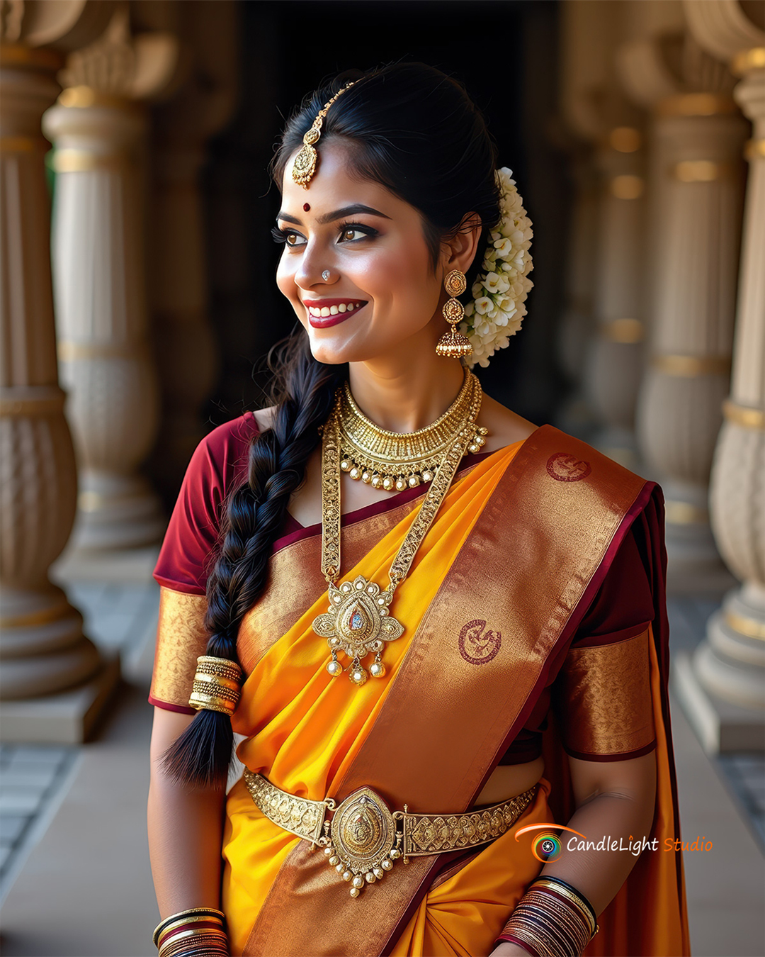 Authentic Malayalee Wedding Photography in NYC & NJ | CandleLight Studio South Indian bride in temple jewelry and silk saree during wedding ceremony